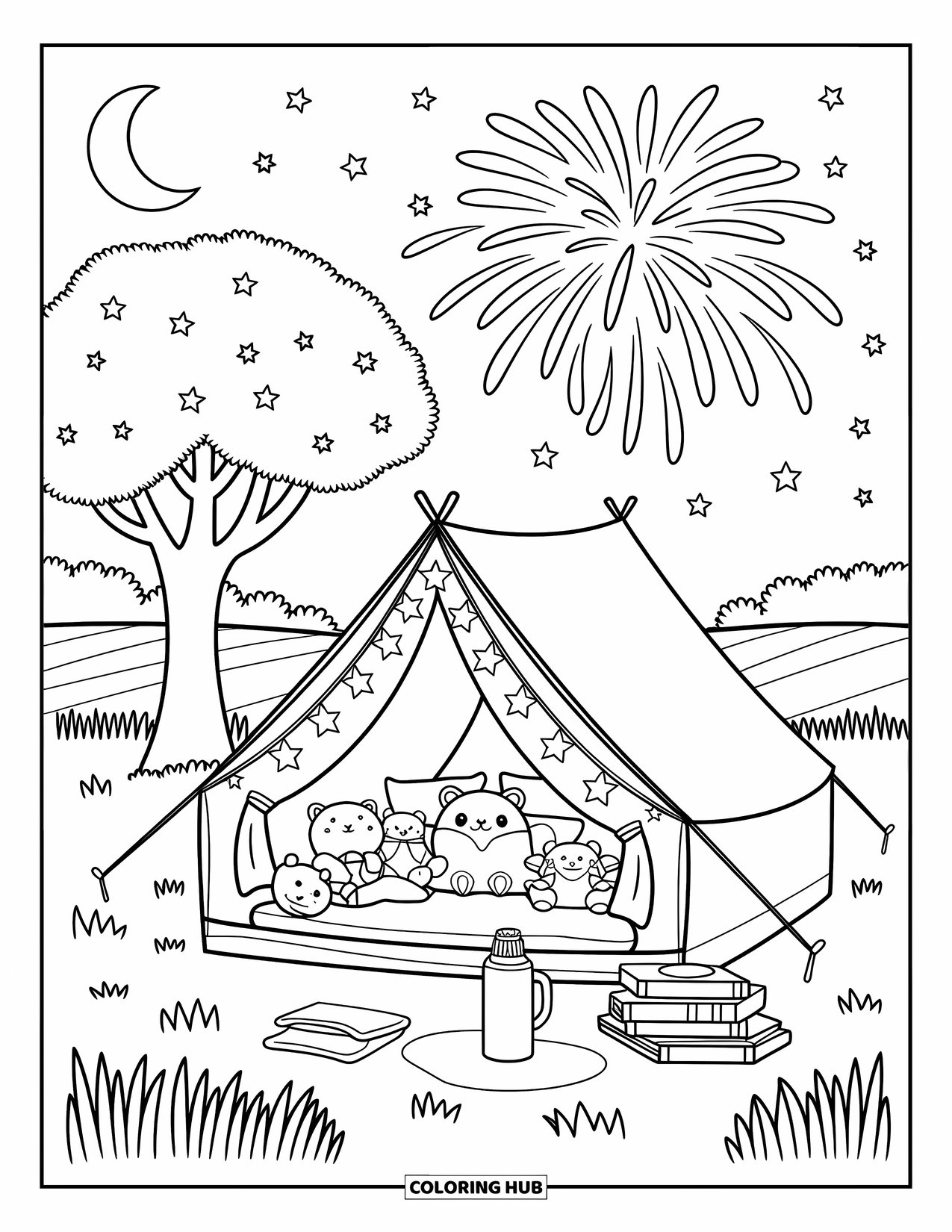 4Th Of July Coloring Page for Adults: A cute tent sits under fireworks, filled with books, plush toys, and blankets