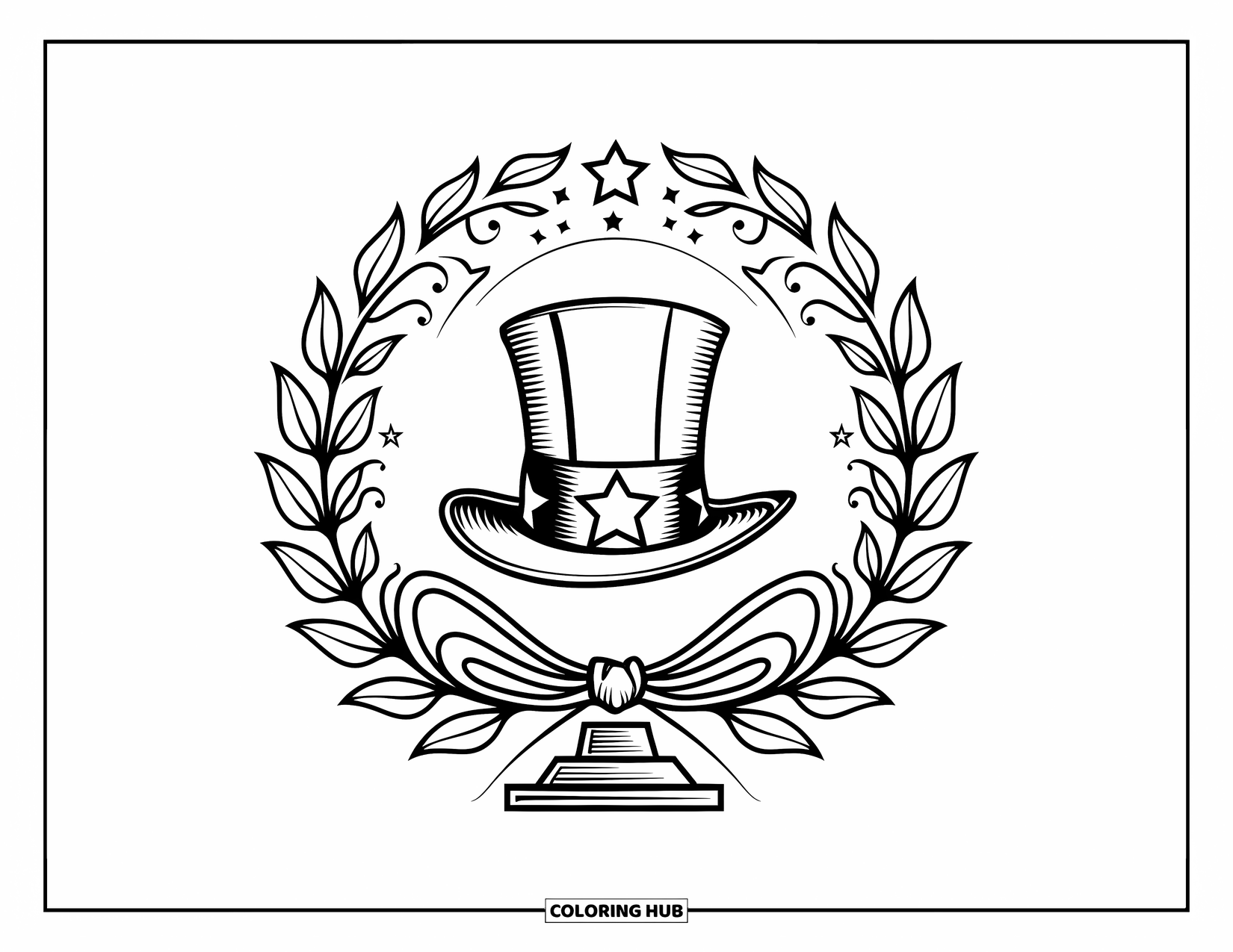 4Th Of July Coloring Page for Adults: A detailed Uncle Sam hat sits within a ring of stars and leaves
