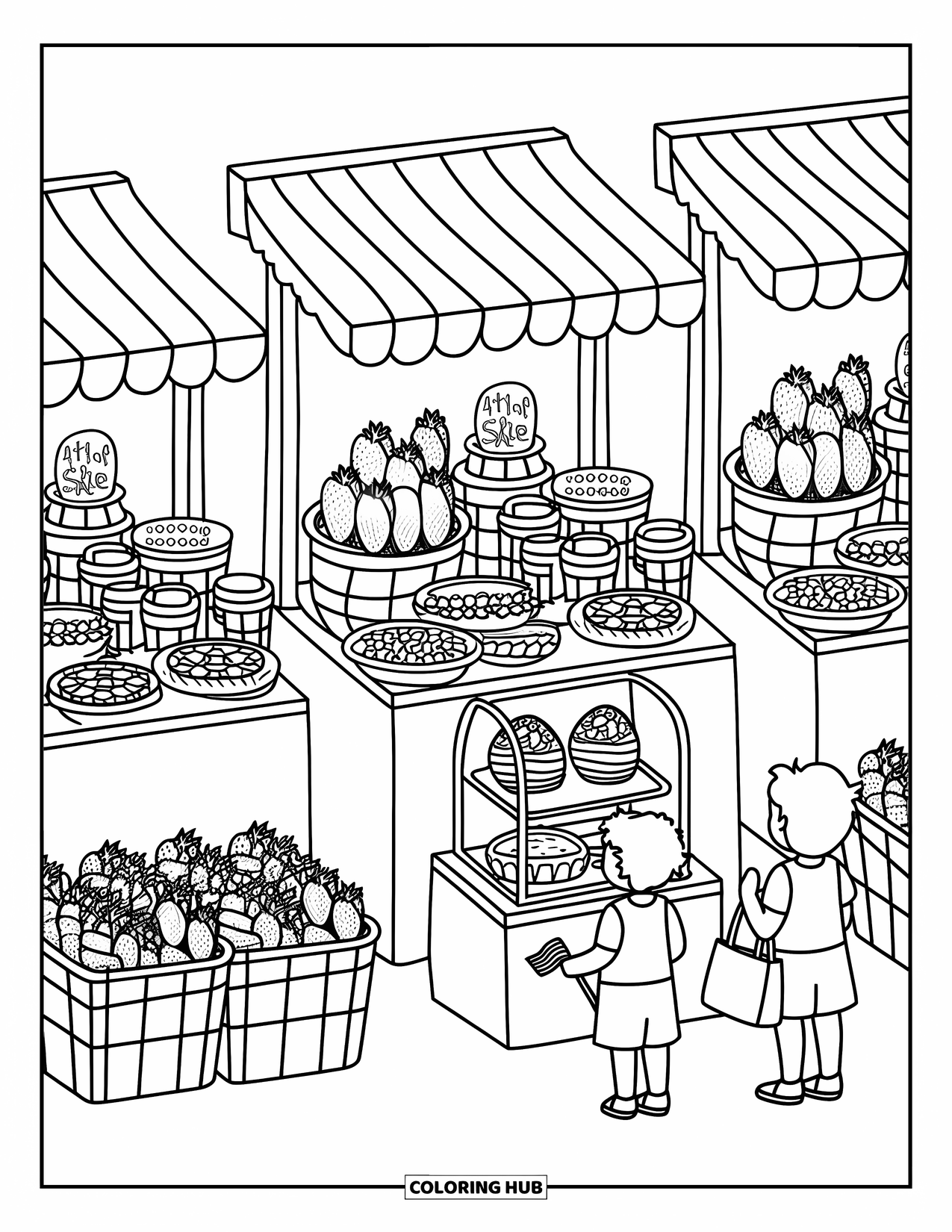 4Th Of July Coloring Page for Adults: A festive market brims with fruits, pies, and cheerful shoppers waving flags