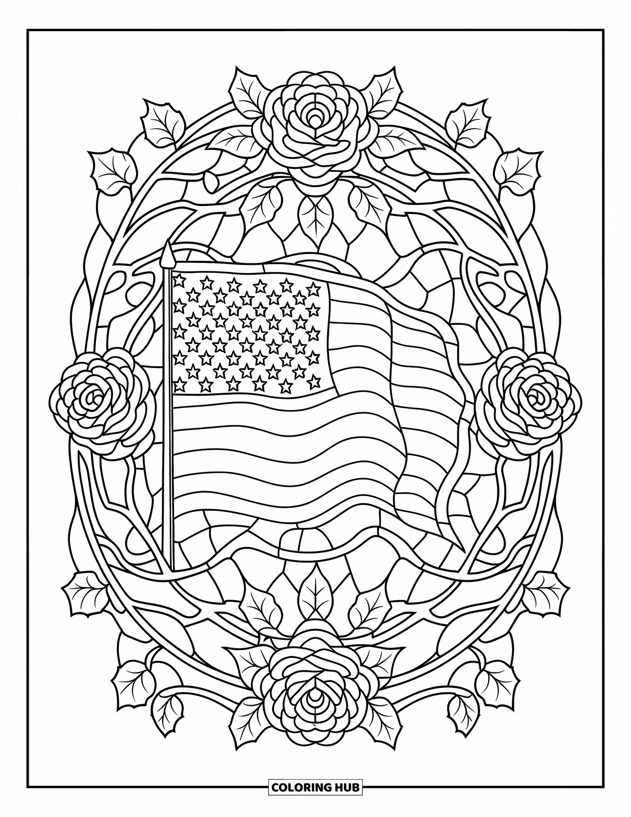 4Th Of July Coloring Page for Adults: A flag framed by roses and ivy vines forms a classic stained glass design