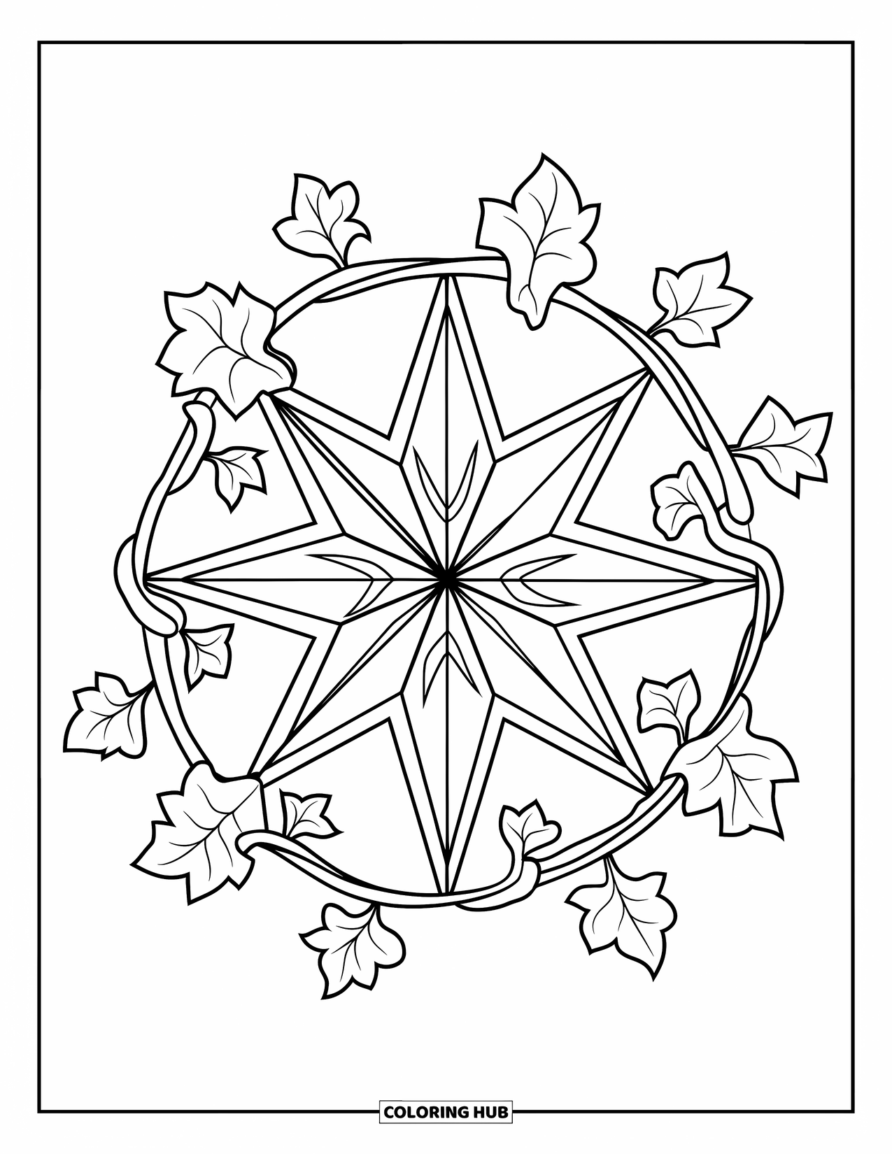 4Th Of July Coloring Page for Adults: A glass-tiled star with ivy vines twines around a glowing firework burst