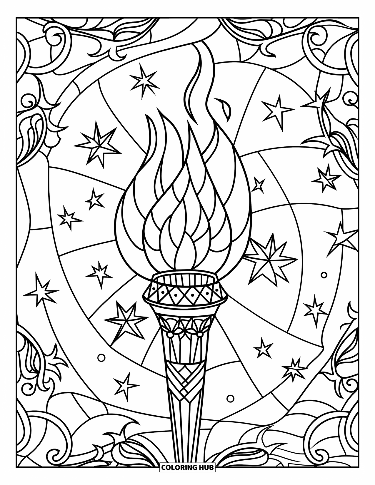 4Th Of July Coloring Page for Adults: A glowing torch rises through swirling stars and vines in a stained glass design