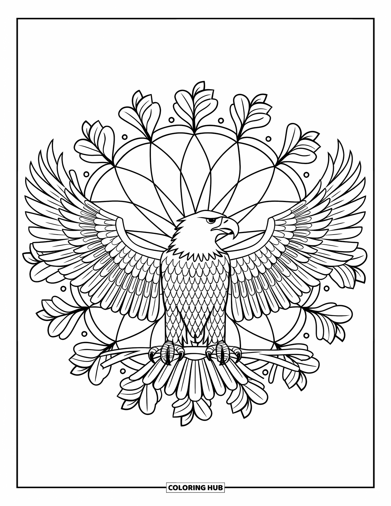 4Th Of July Coloring Page for Adults: A majestic eagle perches within a botanical mandala of laurel and oak leaves