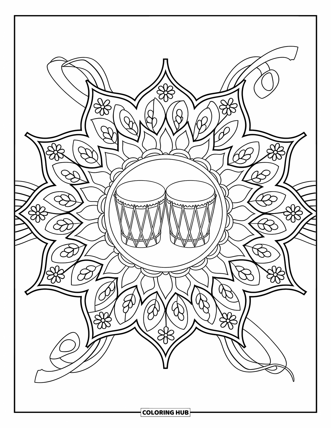 4Th Of July Coloring Page for Adults: A pair of drums glow inside a star mandala decorated with flowers and ribbons
