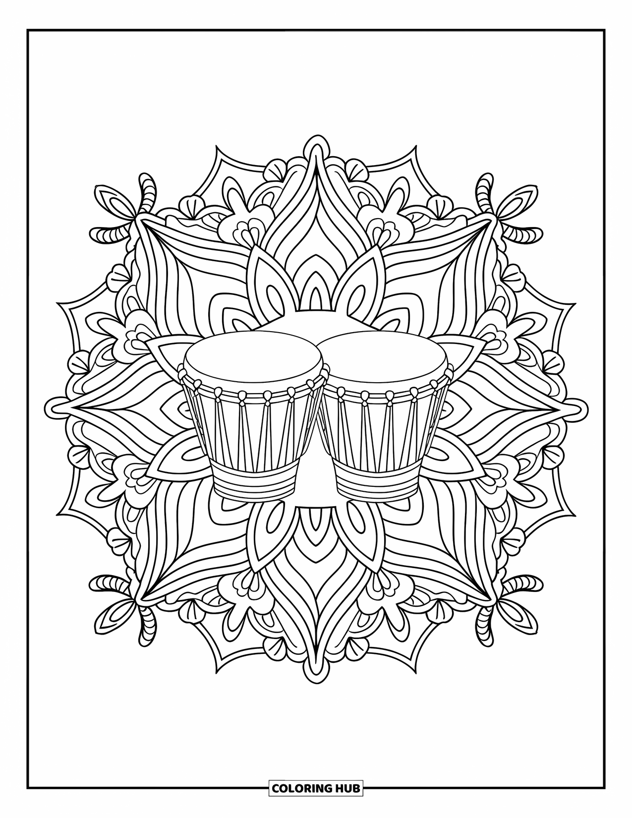 4Th Of July Coloring Page for Adults: A pair of drums sit in the middle of a floral mandala with stars and ribbons