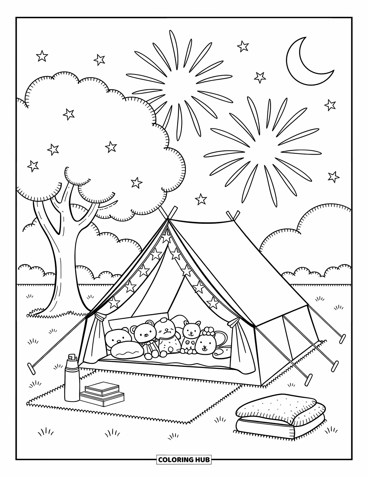 4Th Of July Coloring Page for Adults: A peaceful tent scene shines under fireworks with lanterns and moonlight