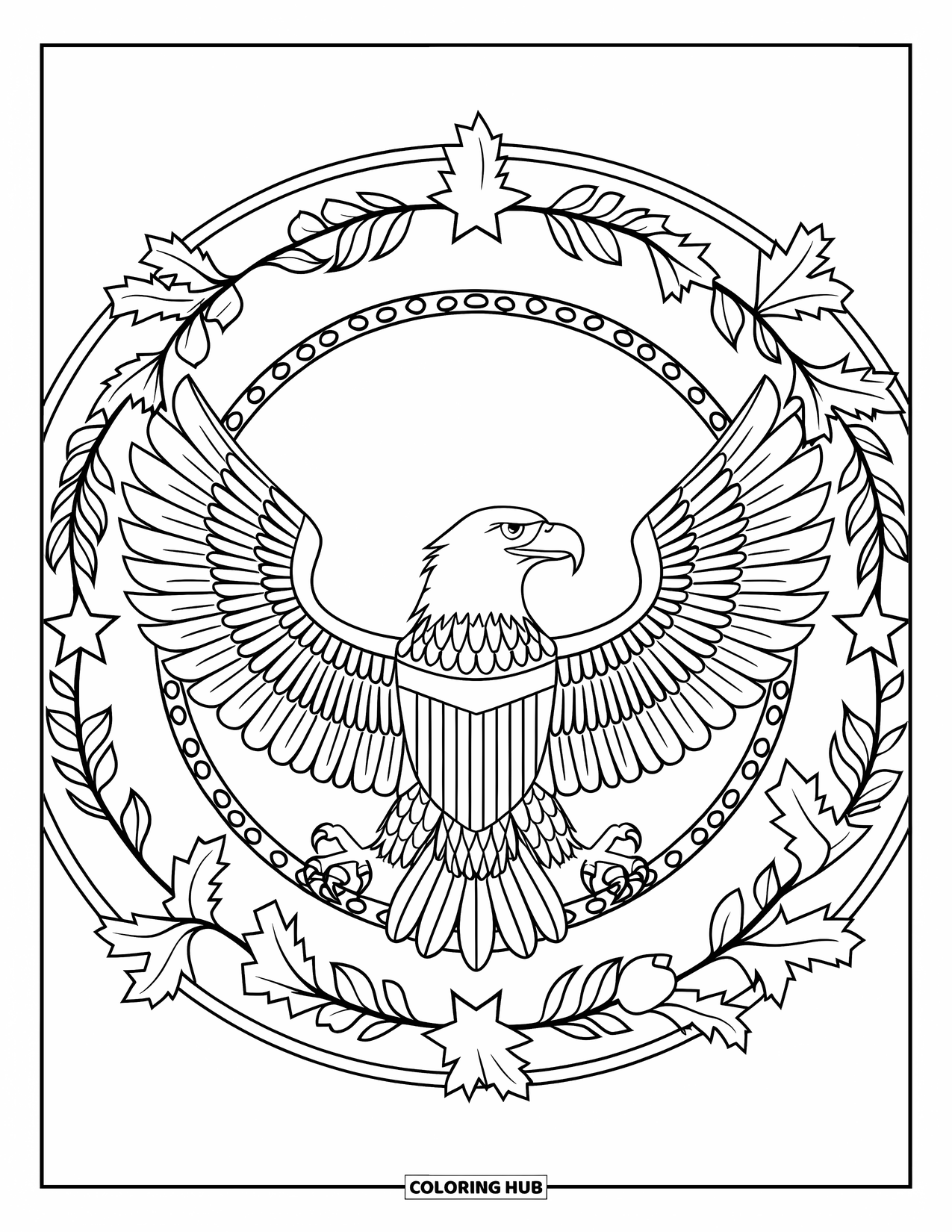 4Th Of July Coloring Page for Adults: A proud eagle spreads its wings inside a wreath of leaves and stars