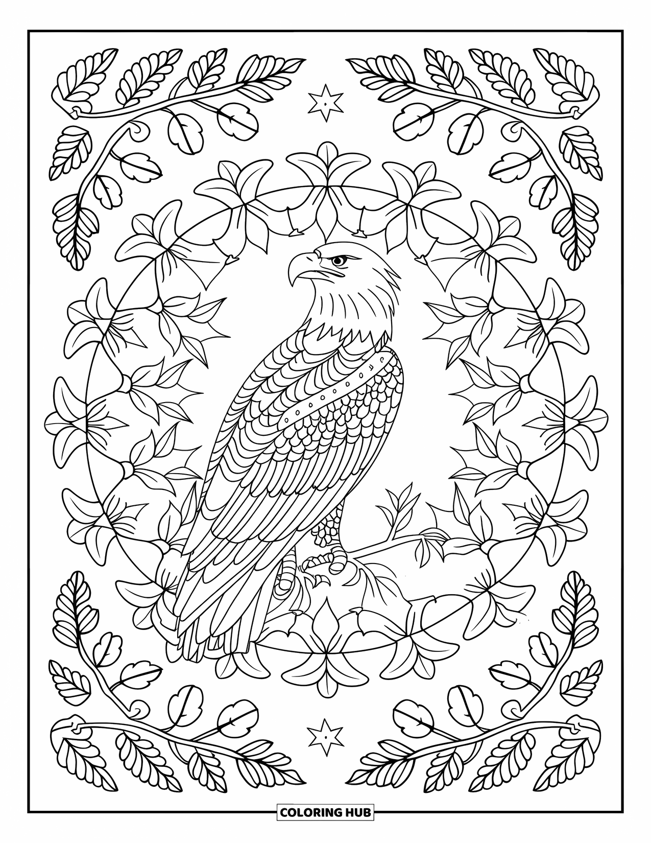 4Th Of July Coloring Page for Adults: A strong eagle stands among a circular pattern of laurel, oak leaves, and stars