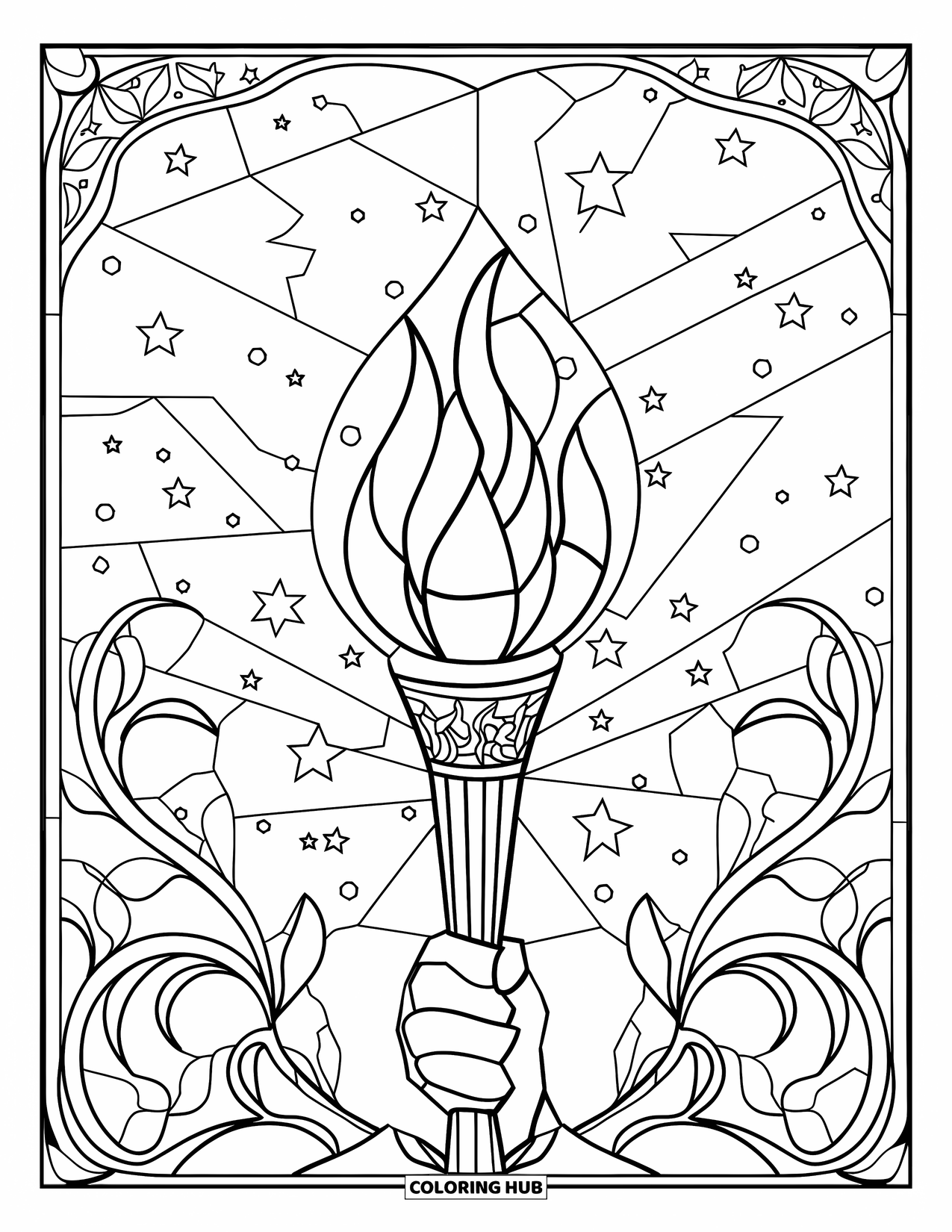 4Th Of July Coloring Page for Adults: A torch with a flickering flame shines among swirling stars and winding vines