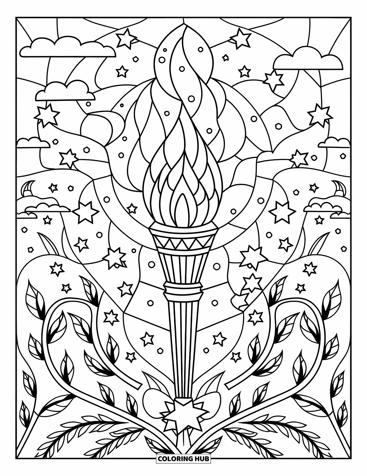4Th Of July Coloring Page for Adults: A torch wrapped in vines stands tall beneath a star-filled night sky