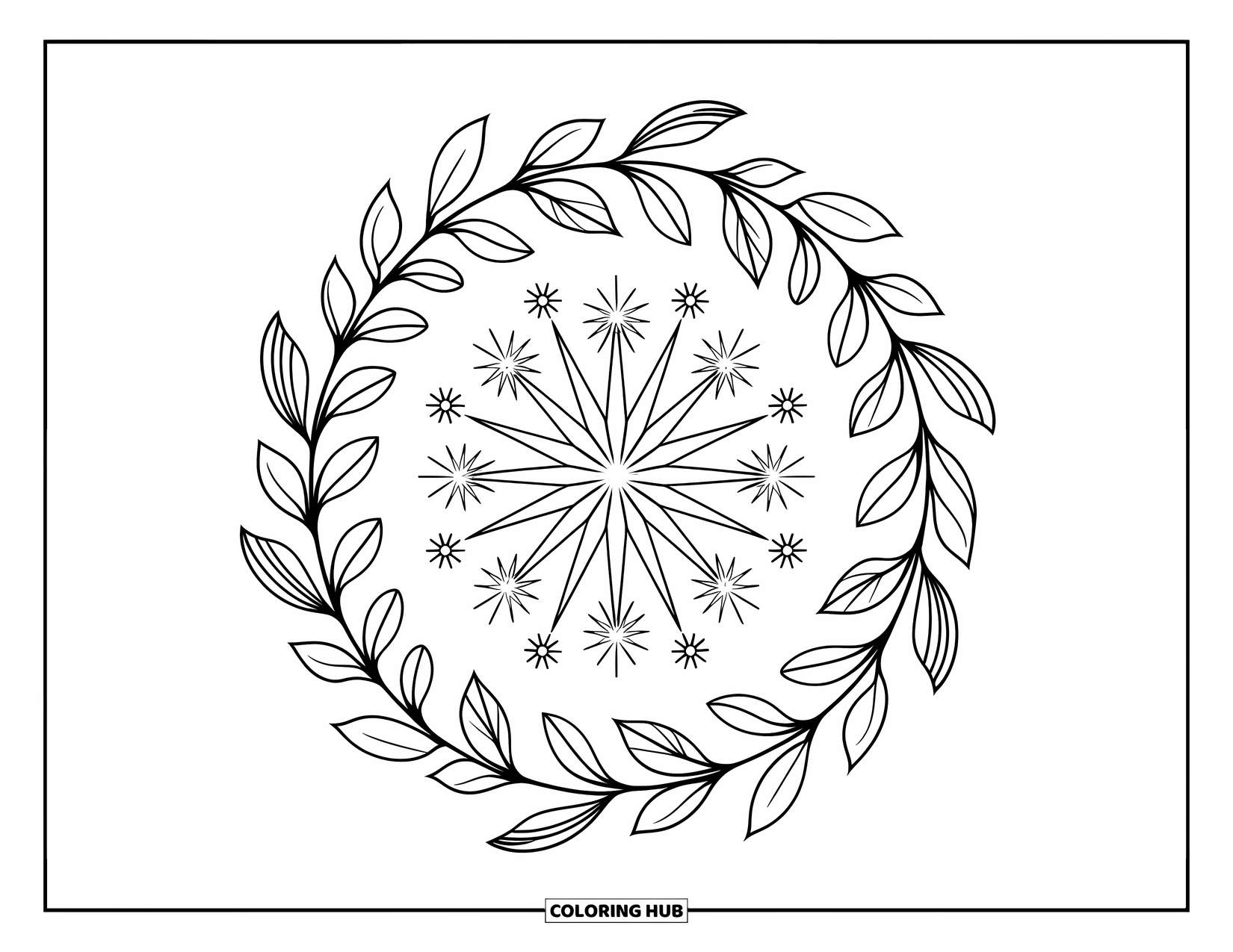 4Th Of July Coloring Page for Adults: A wreath of leaves and flowers circles a glowing sparkler and fireworks in the center