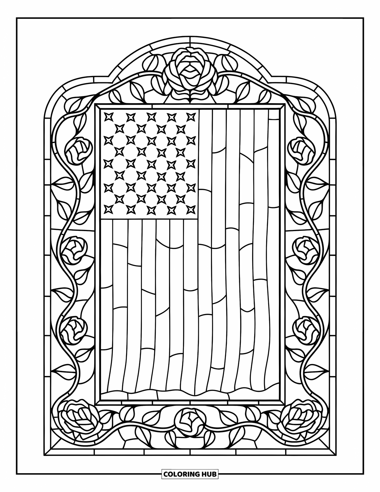4Th Of July Coloring Page for Adults: An American flag rests within a stained glass frame of roses and vines