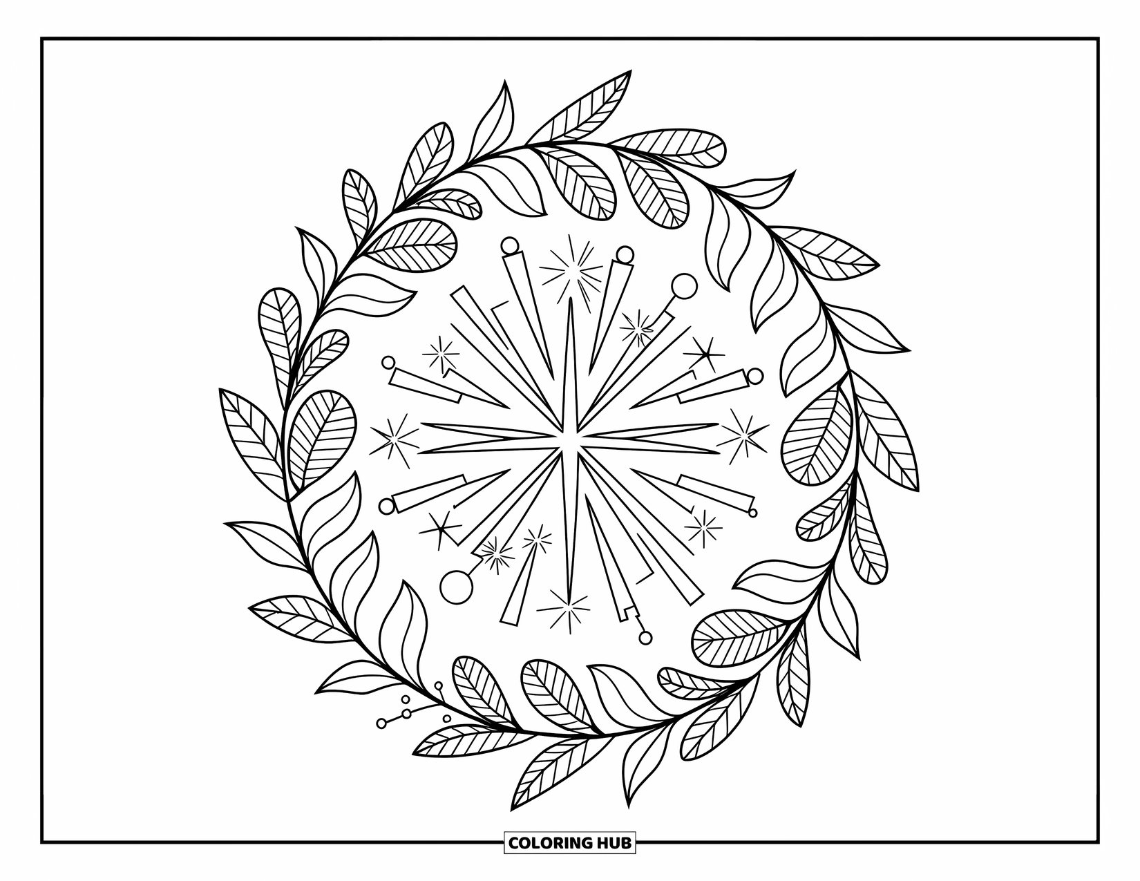 4Th Of July Coloring Page for Adults: Leaves and flowers form a wreath around a detailed firework design in the center