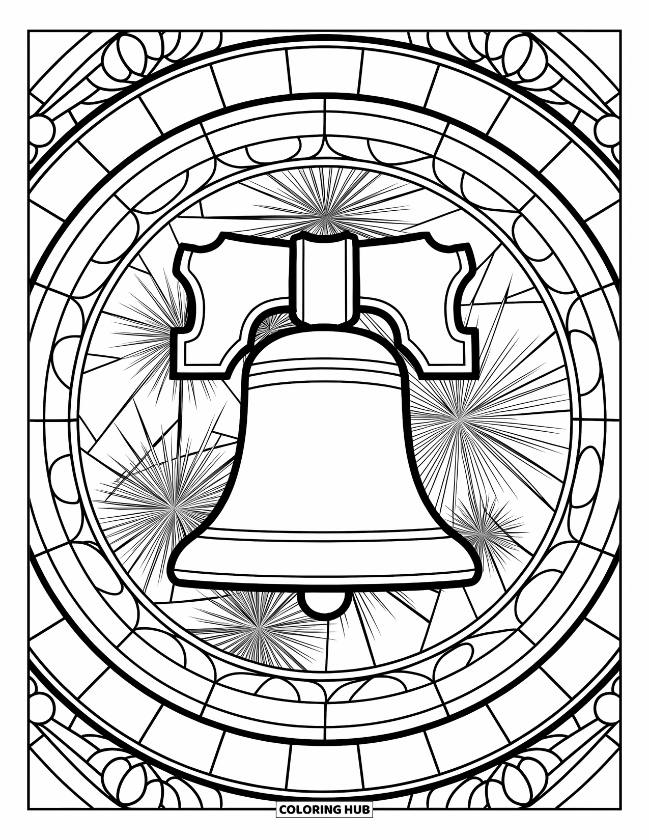 4Th Of July Coloring Page for Adults: The Liberty Bell shines at the center of a stained glass circle with fireworks