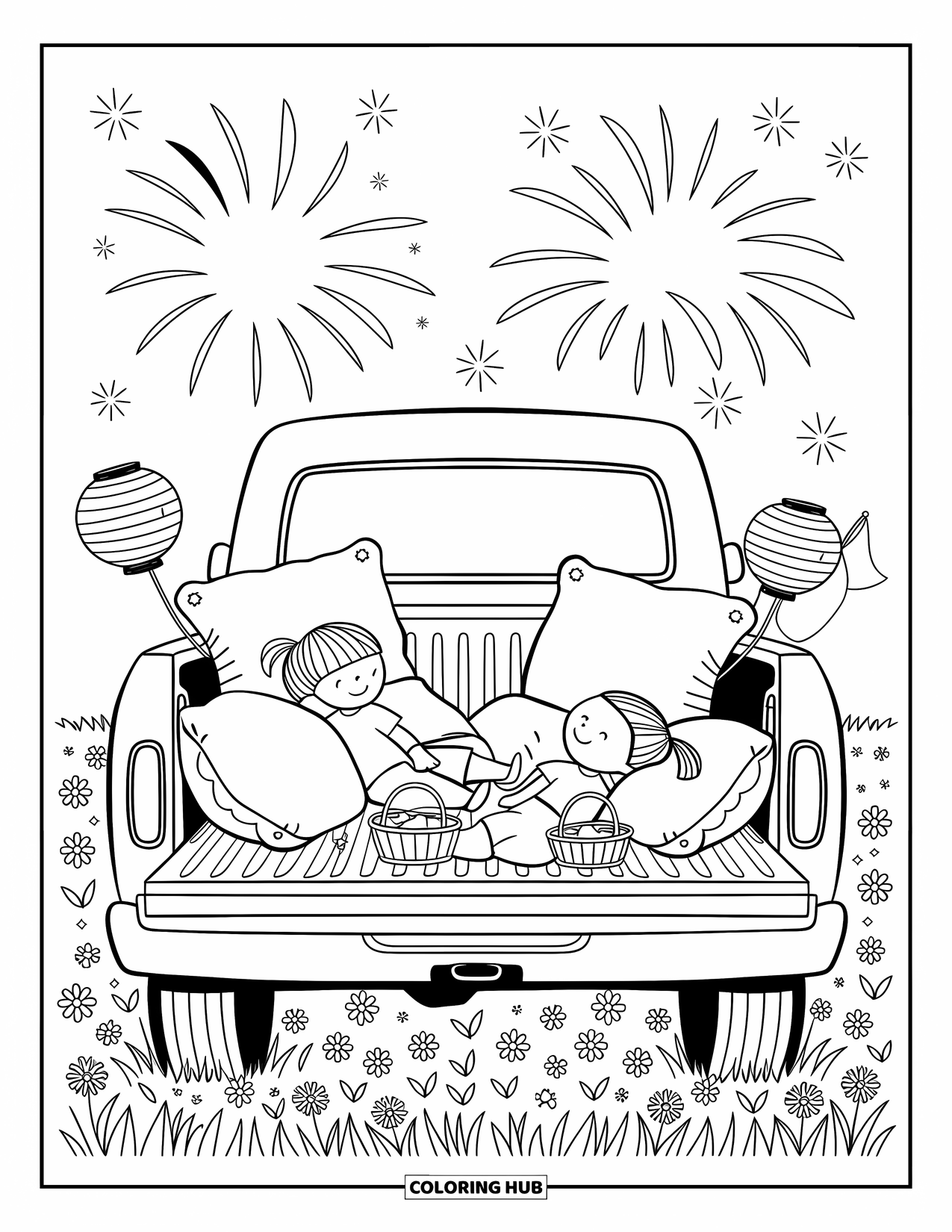 4Th Of July Coloring Page for Adults: Two children relax in a pickup truck, gazing at fireworks in the evening sky
