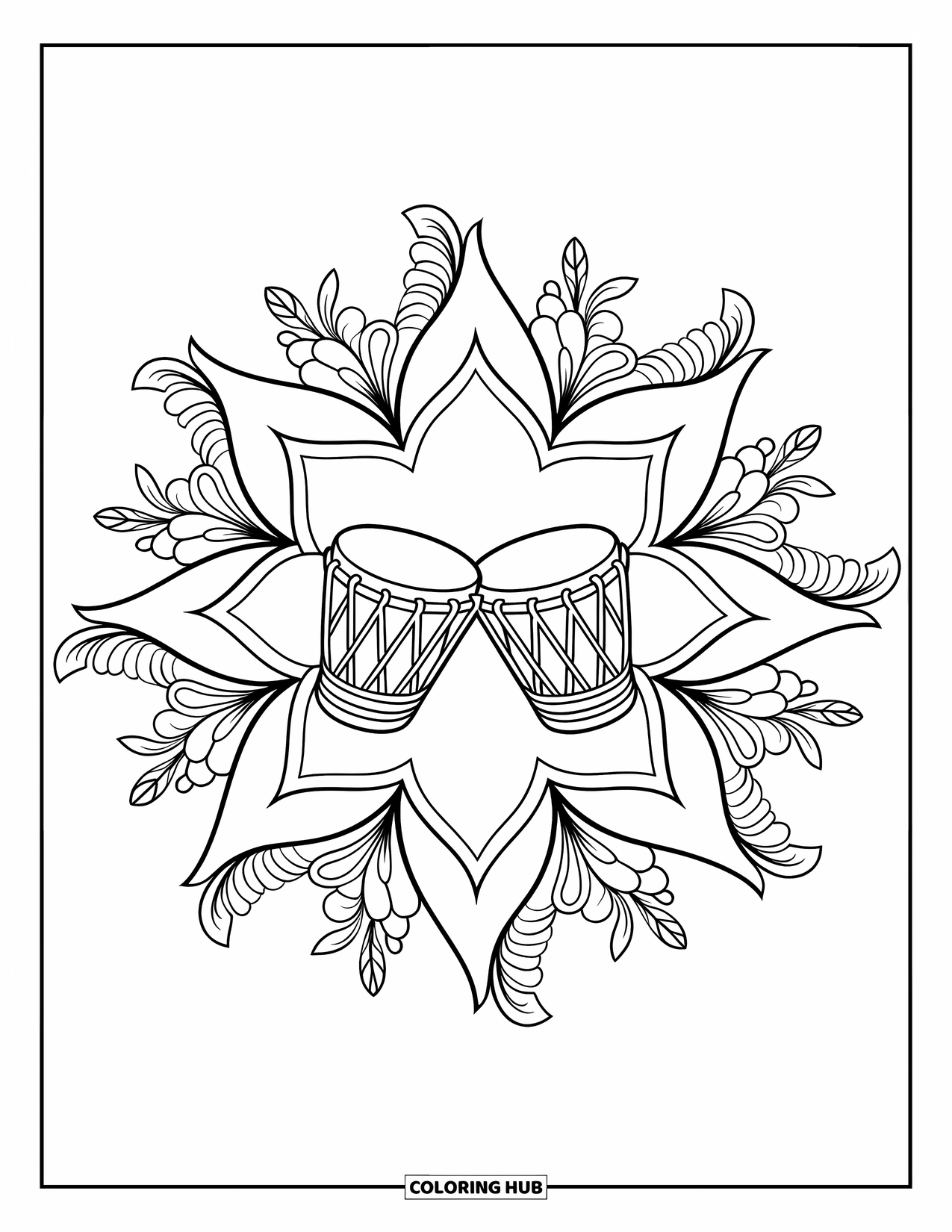 4Th Of July Coloring Page for Adults: Two drums rest at the center of a star mandala surrounded by flowers and ribbons