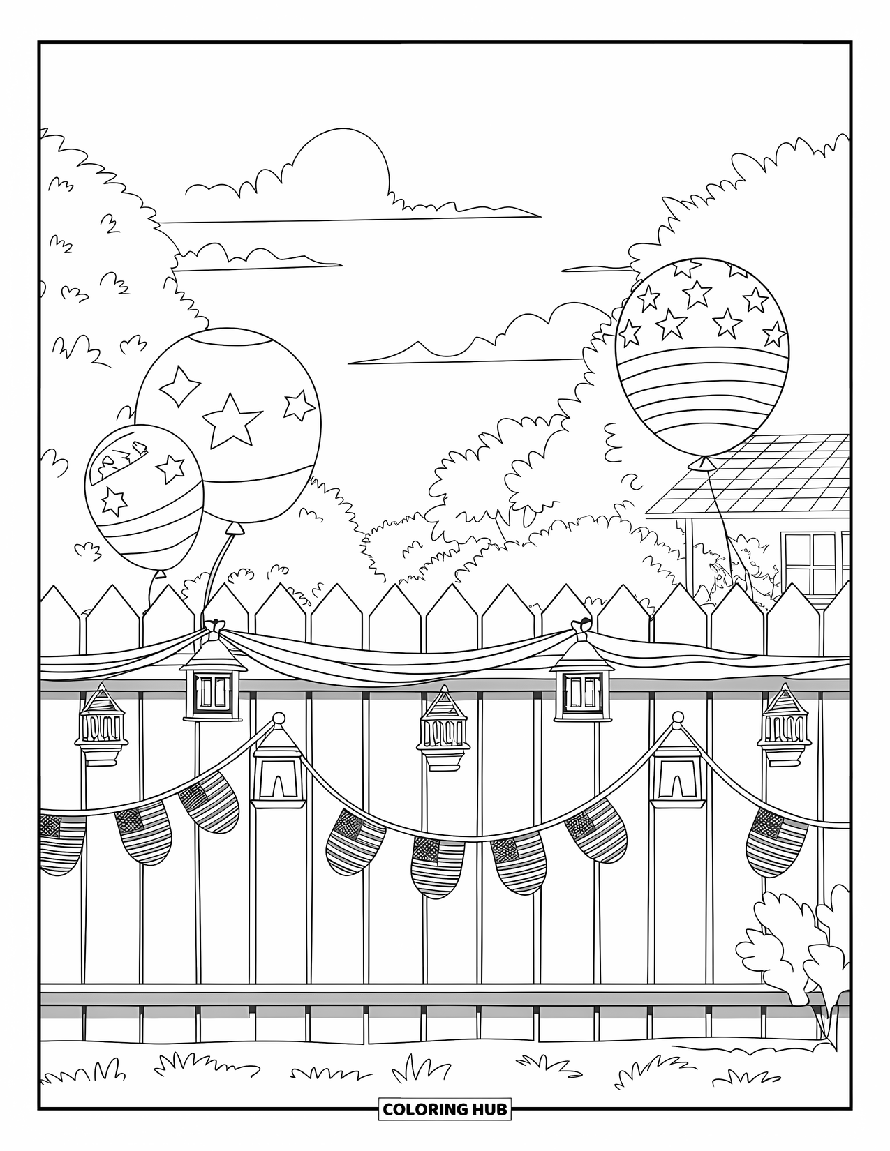 4Th Of July Coloring Page for Kids: A backyard fence shines with colorful banners, flags, and balloons for the celebration