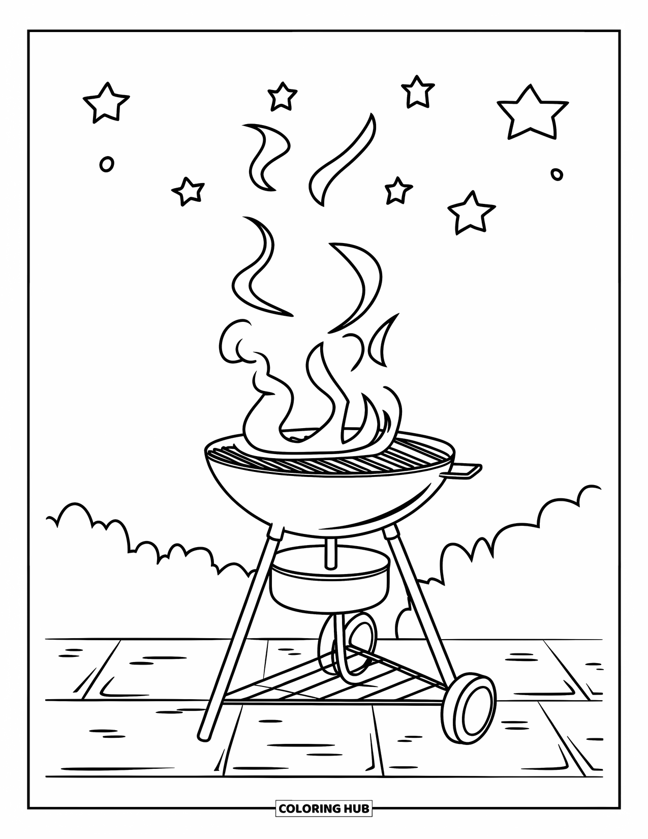 4Th Of July Coloring Page for Kids: A barbecue grill smokes gently as stars sparkle above in the night sky