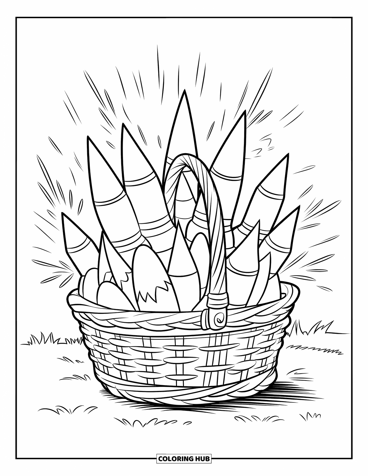 4Th Of July Coloring Page for Kids: A basket of bright fireworks stands ready beneath a clear summer sky