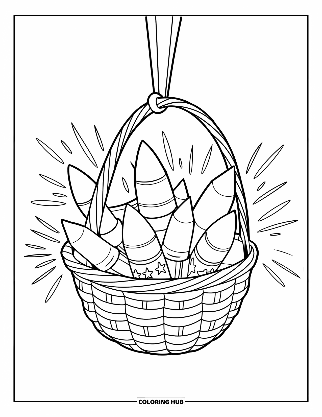 4Th Of July Coloring Page for Kids: A basket overflows with colorful firework rockets ready to light up the night