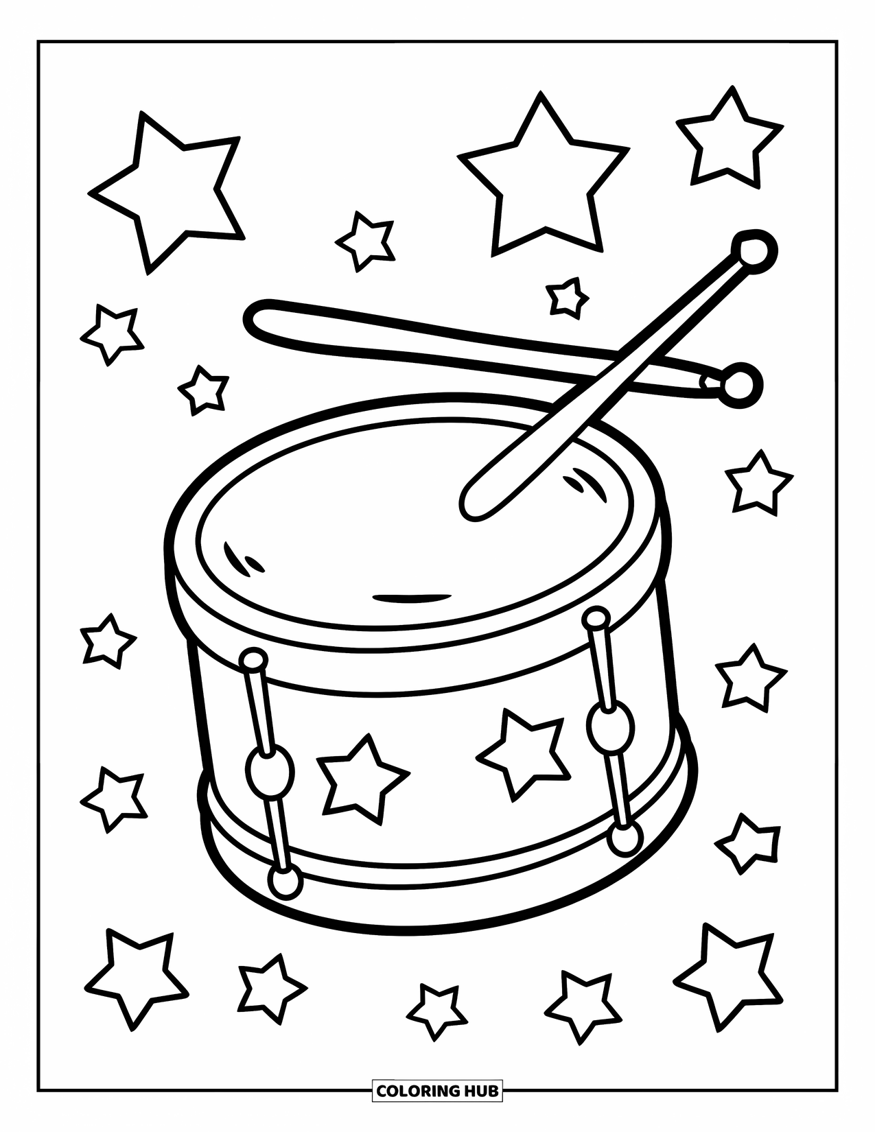 4Th Of July Coloring Page for Kids: A bright drum surrounded by stars waits to be played with excitement