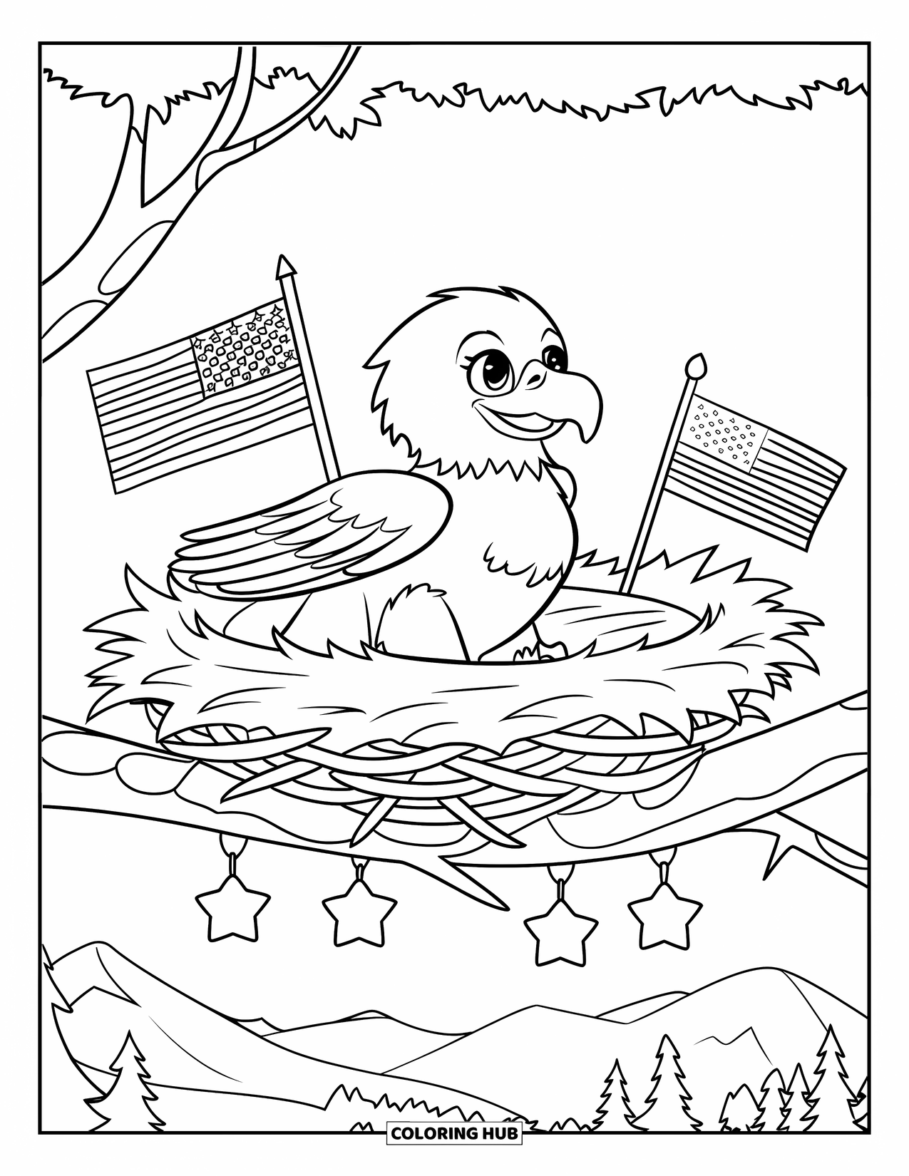 4Th Of July Coloring Page for Kids: A cheerful baby eagle spreads its wings in a nest surrounded by stars and flags
