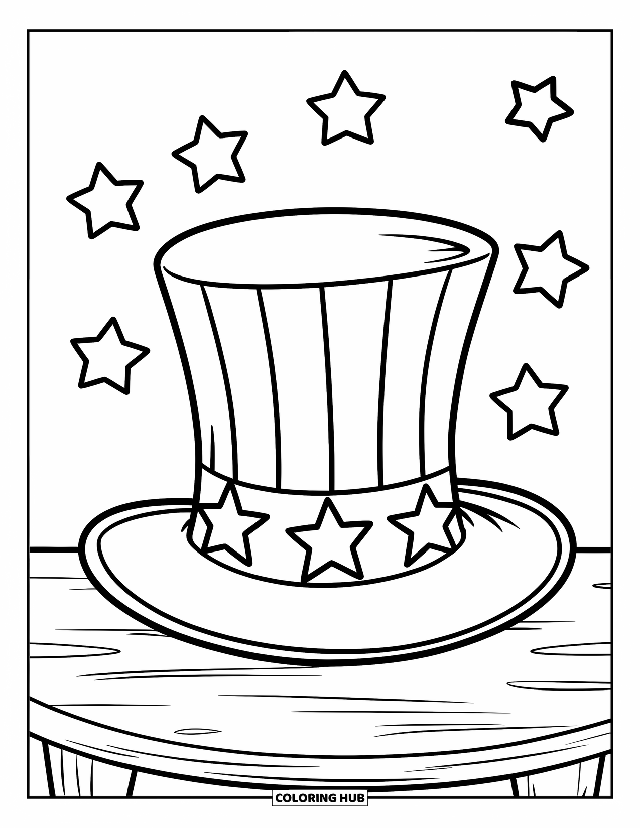 4Th Of July Coloring Page for Kids: A classic Uncle Sam hat rests on a table surrounded by floating stars