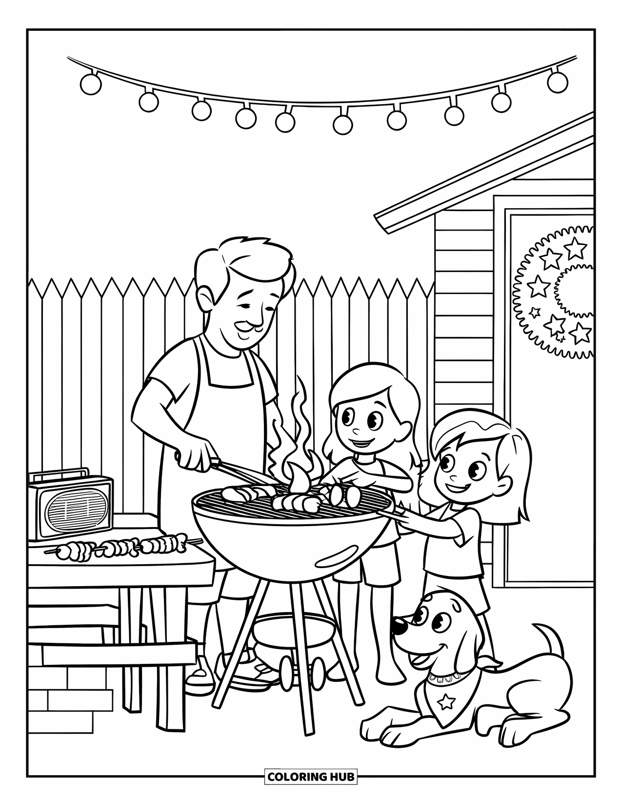 4Th Of July Coloring Page for Kids: A dad and kids laugh while cooking outside under glowing backyard lights