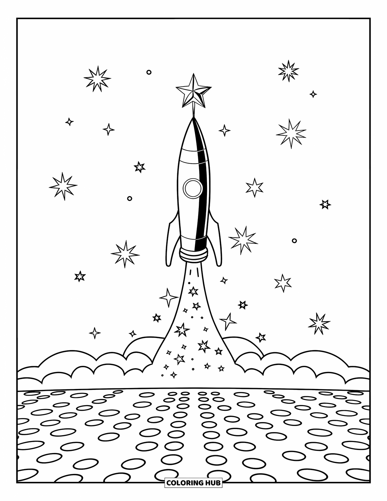 4Th Of July Coloring Page for Kids: A firework rocket soars into the sky with a bright, sparkling trail