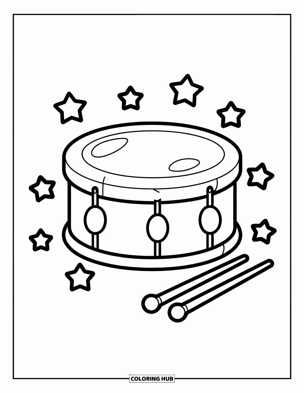 4Th Of July Coloring Page for Kids: A fun drum with stars and sticks sits ready for a lively parade