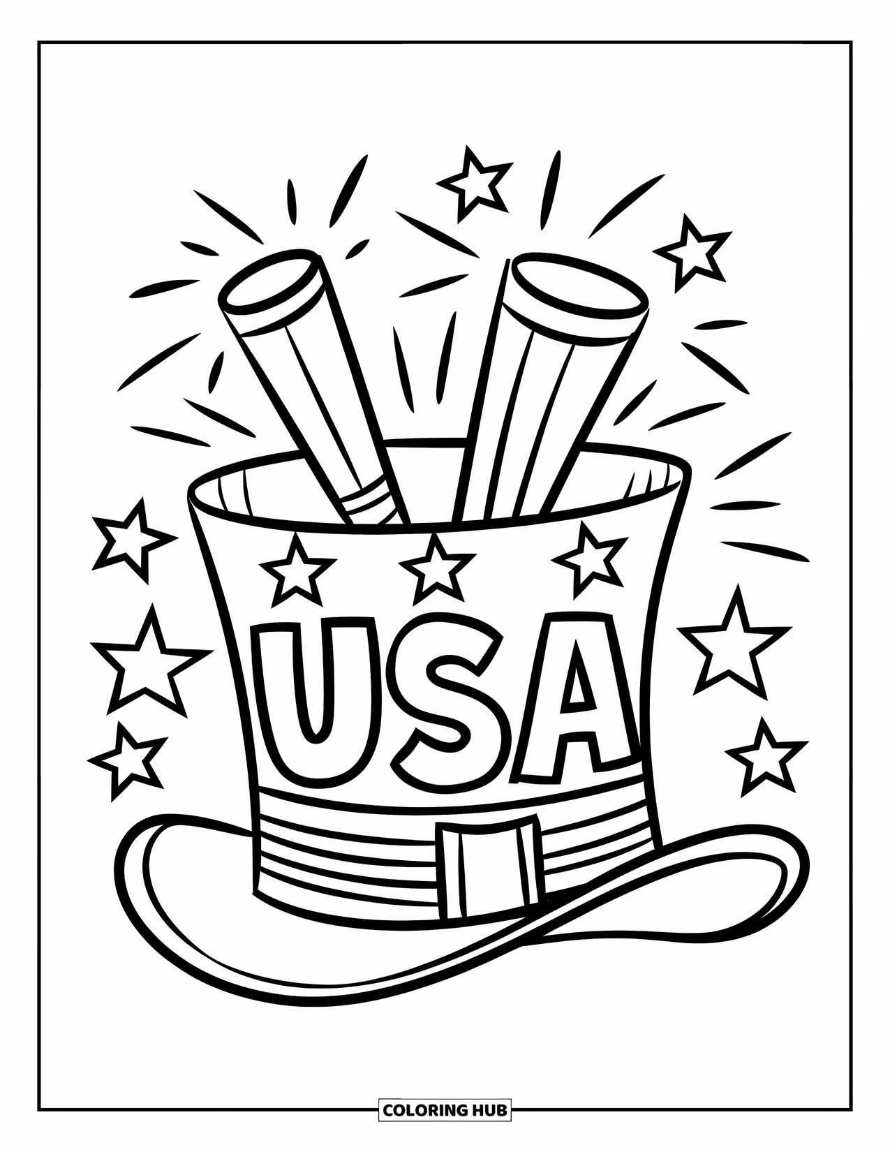4Th Of July Coloring Page for Kids: A fun top hat with ìUSAî letters shines with bright fireworks above