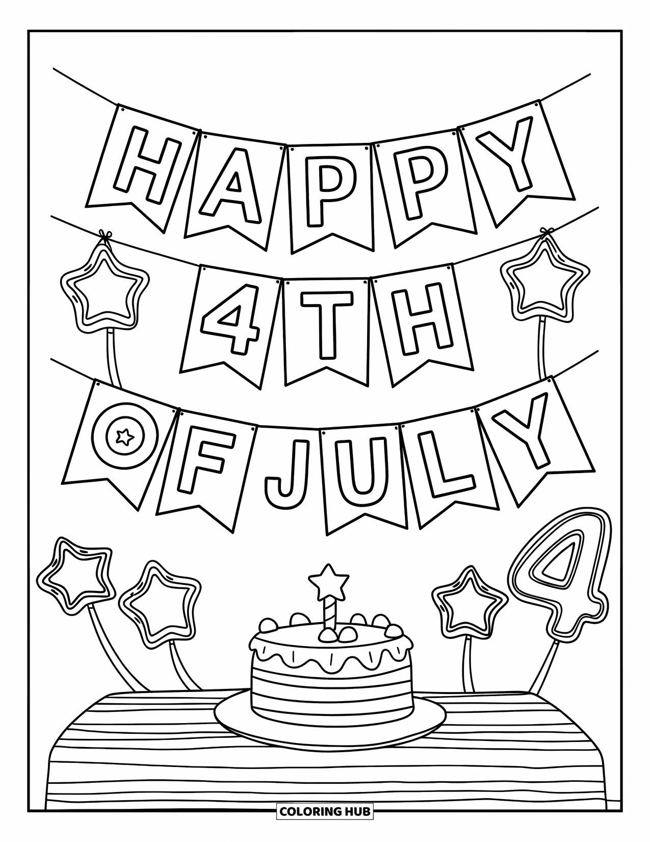 4Th Of July Coloring Page for Kids: A ìHappy 4th of Julyî banner sparkles with stars, balloons, and a cake below