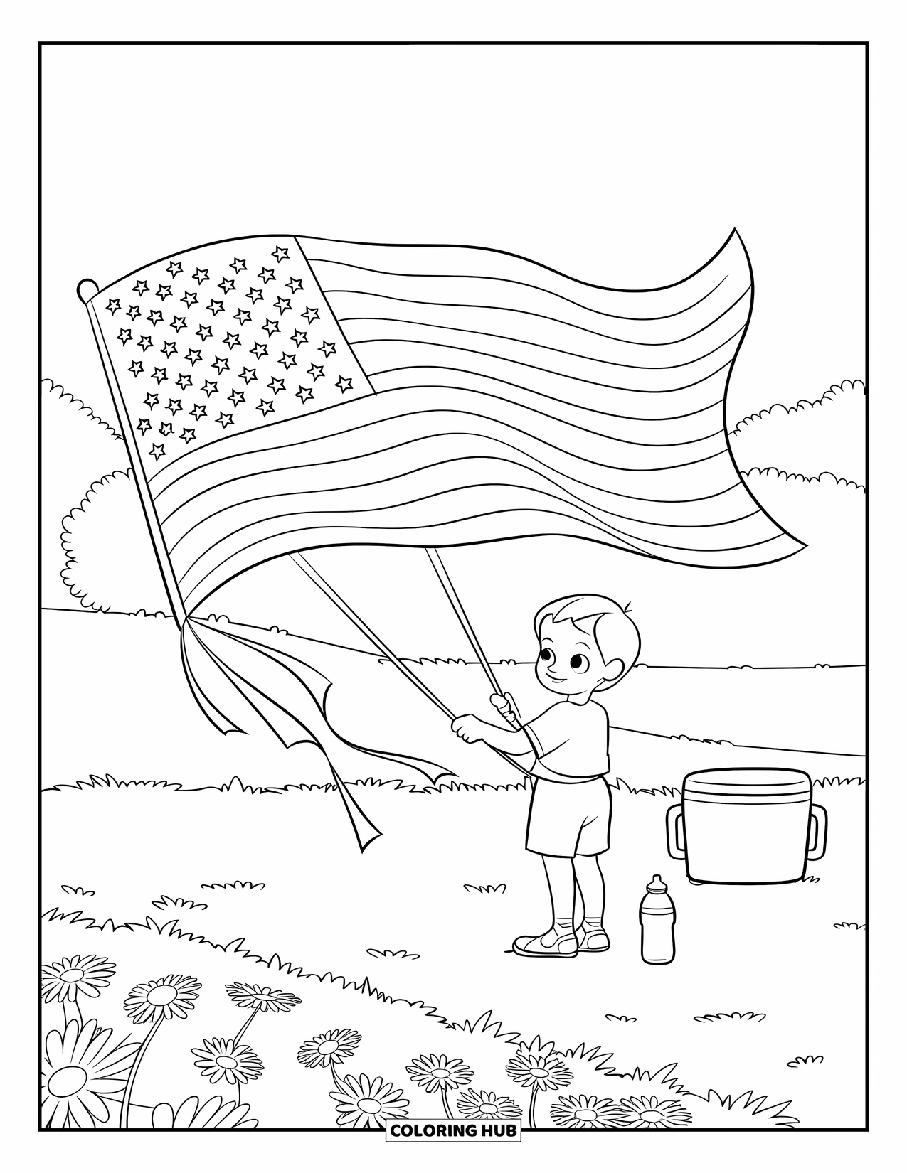 4Th Of July Coloring Page for Kids: A happy child flies a waving flag kite over a daisy-filled meadow