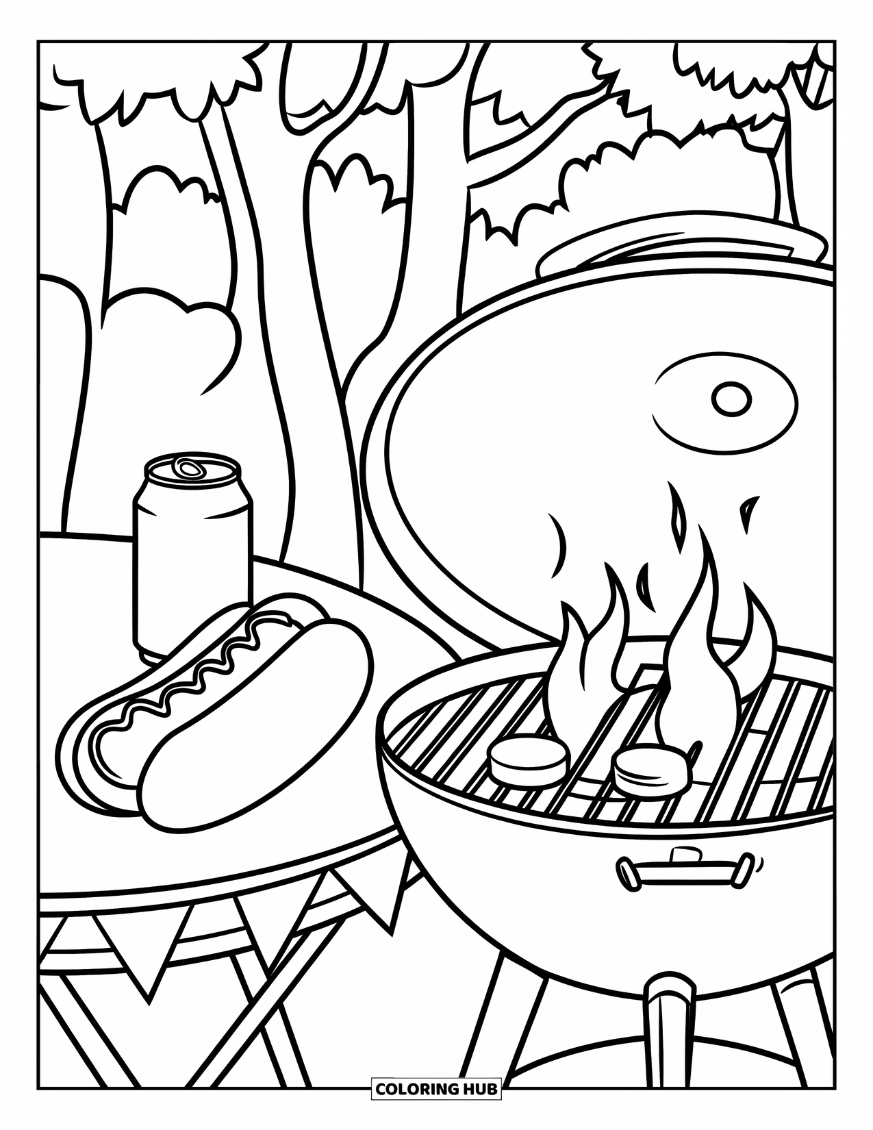 4Th Of July Coloring Page for Kids: A hot dog and soda rest on a table beside a grill and trees