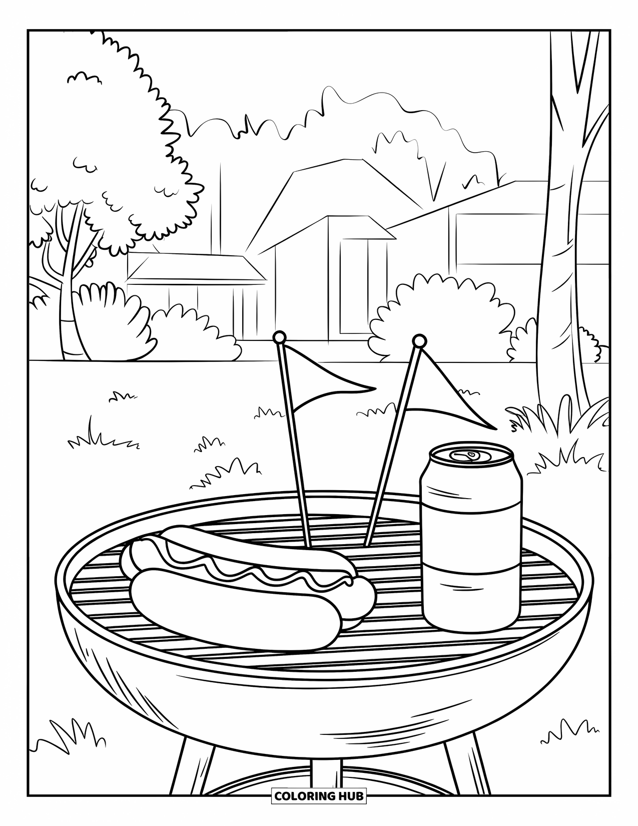 4Th Of July Coloring Page for Kids: A hot dog and soda sit on a picnic table ready for a sunny barbecue