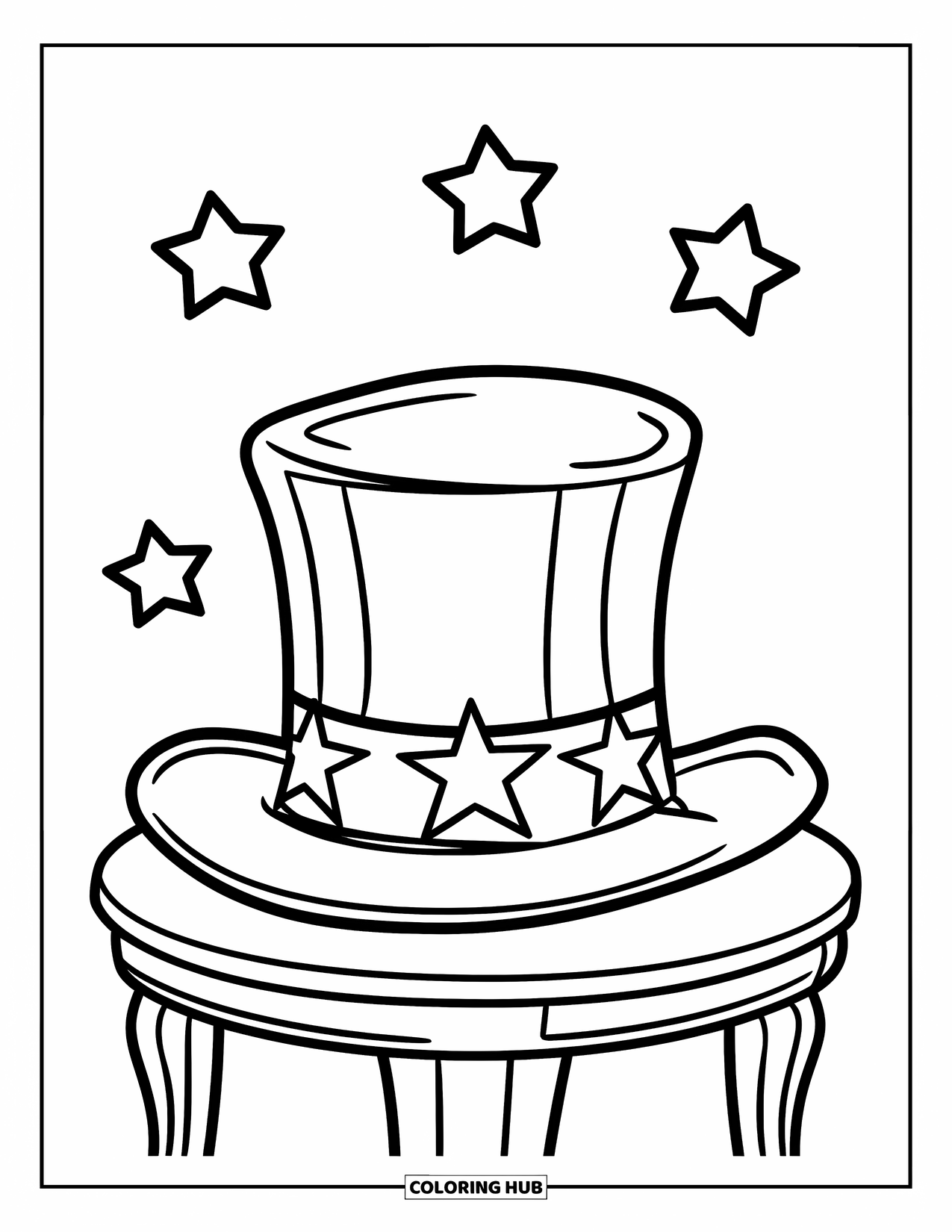 4Th Of July Coloring Page for Kids: A large patriotic hat sits on a table as little stars sparkle overhead