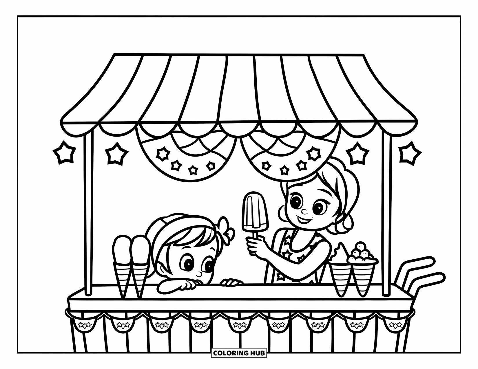 4Th Of July Coloring Page for Kids: A little girl reaches for a popsicle from a smiling vendor under a striped canopy