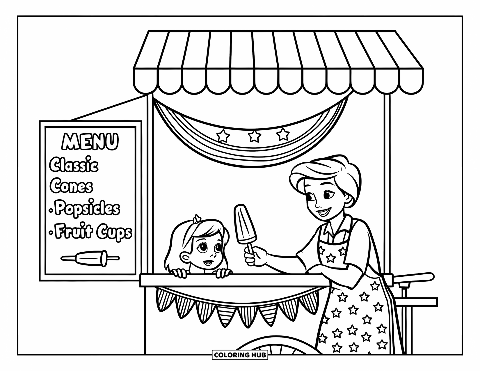 4Th Of July Coloring Page for Kids: A little girl smiles as she gets a popsicle from a friendly ice cream vendor