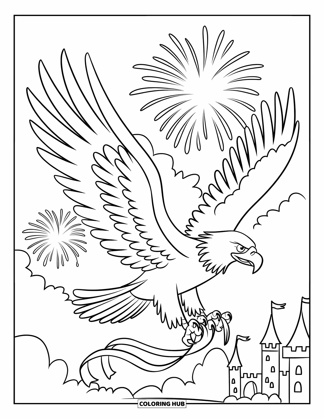 4Th Of July Coloring Page for Kids: A mighty eagle flies high through the sky with ribbons and fireworks all around