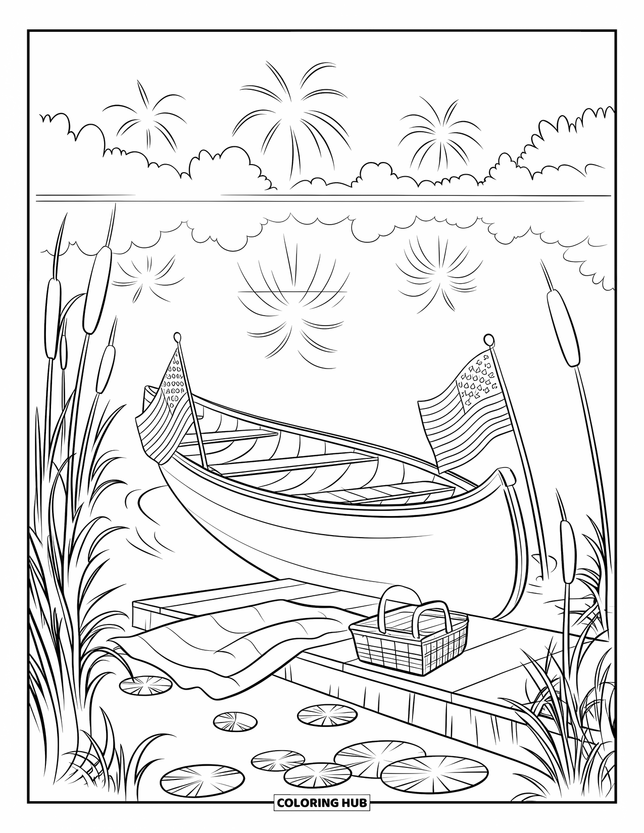 4Th Of July Coloring Page for Kids: A peaceful lake reflects fireworks while a canoe and picnic basket rest by the pier