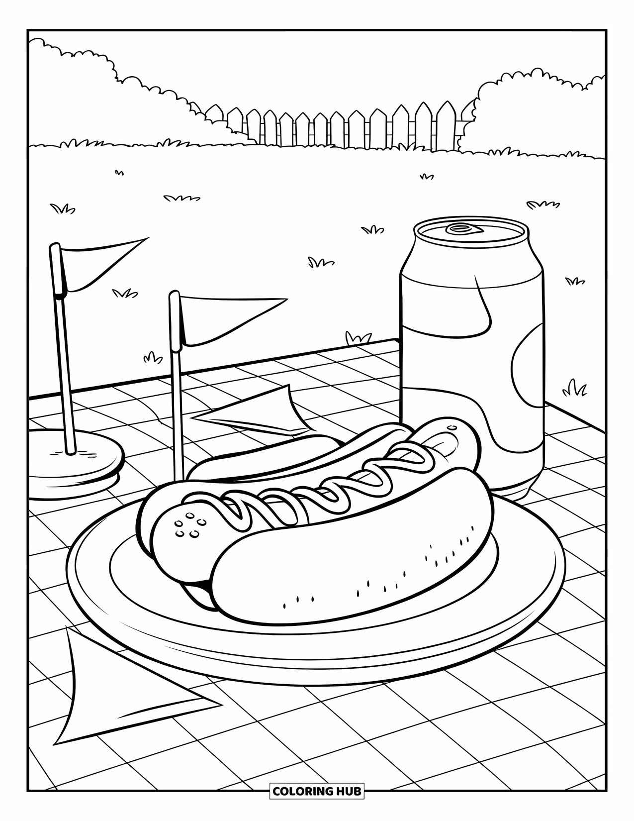 4Th Of July Coloring Page for Kids: A picnic table holds a hot dog and soda beside tiny flags and a grill