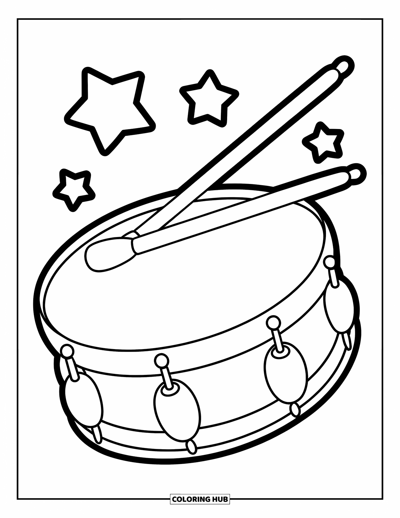 4Th Of July Coloring Page for Kids: A playful drum with stars and sticks brings cheerful rhythm to the scene