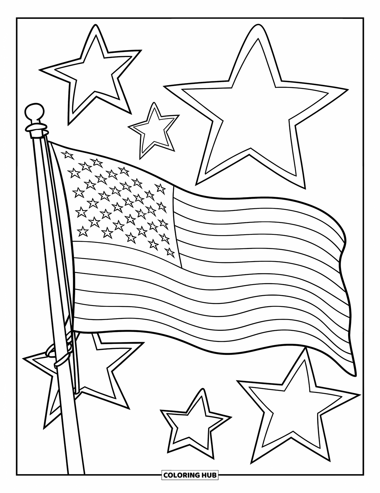 4Th Of July Coloring Page for Kids: A proud American flag waves gracefully with shining stars behind it