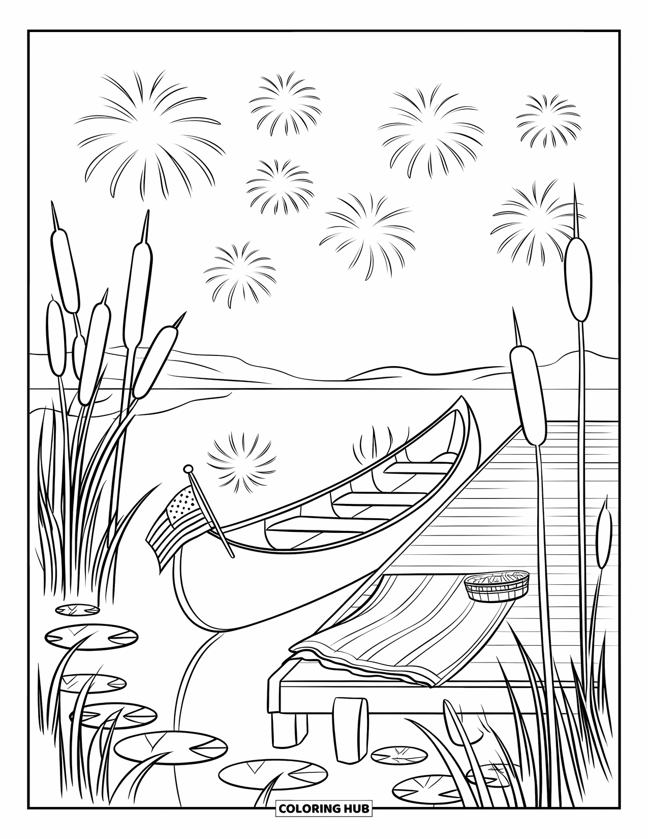 4Th Of July Coloring Page for Kids: A quiet lake shimmers with fireworks as a canoe rests beside a cozy dock