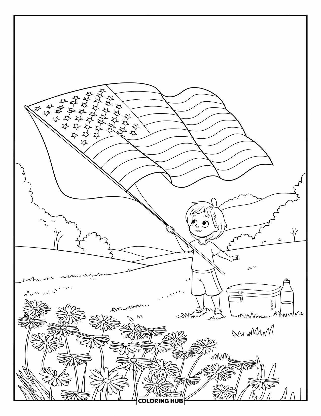 4Th Of July Coloring Page for Kids: A smiling child flies a big flag kite over a field filled with daisies