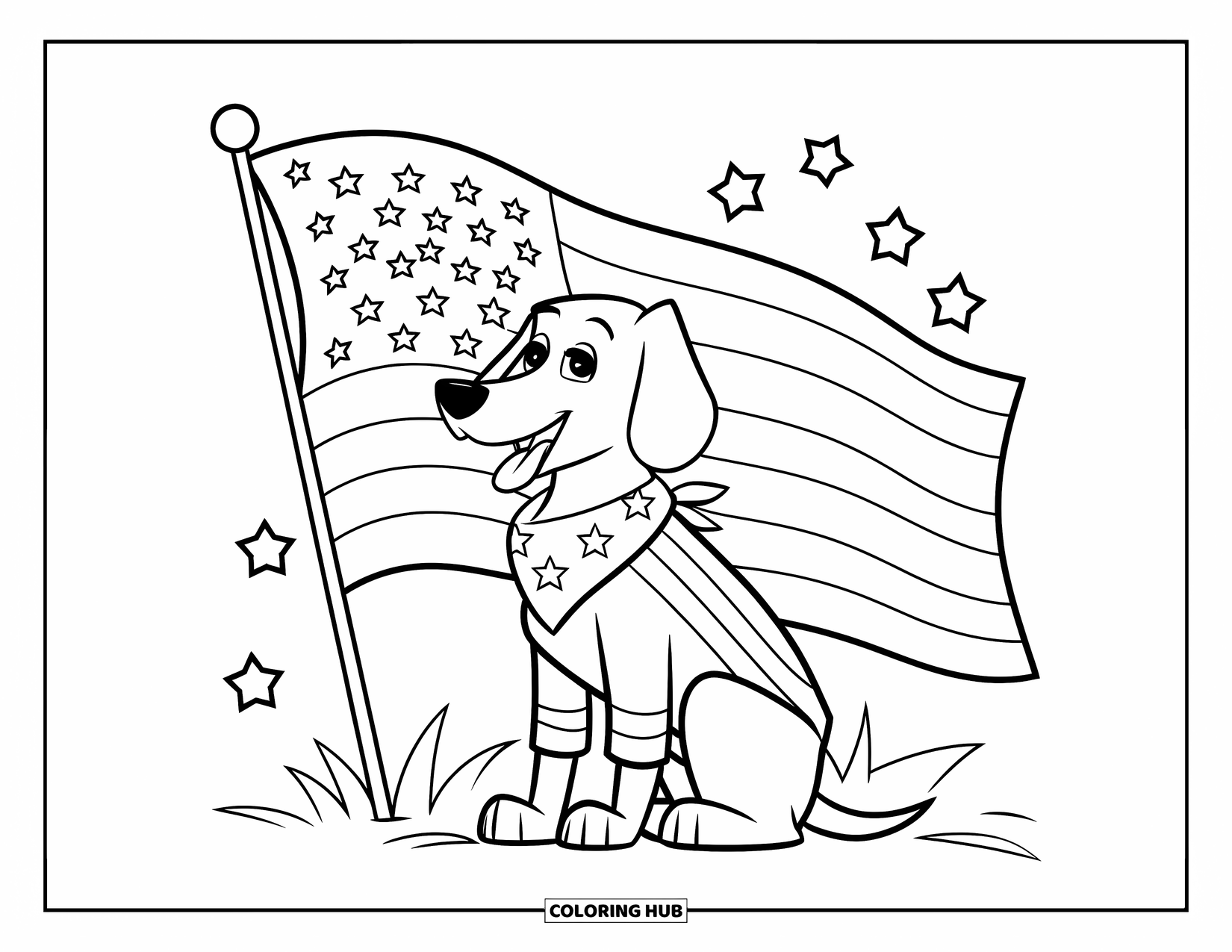4Th Of July Coloring Page for Kids: A smiling dog in a star bandana sits beside a flag fluttering in the breeze