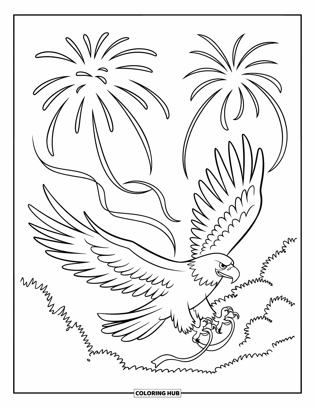 4Th Of July Coloring Page for Kids: A strong eagle soars through bright fireworks, carrying ribbons through the sky