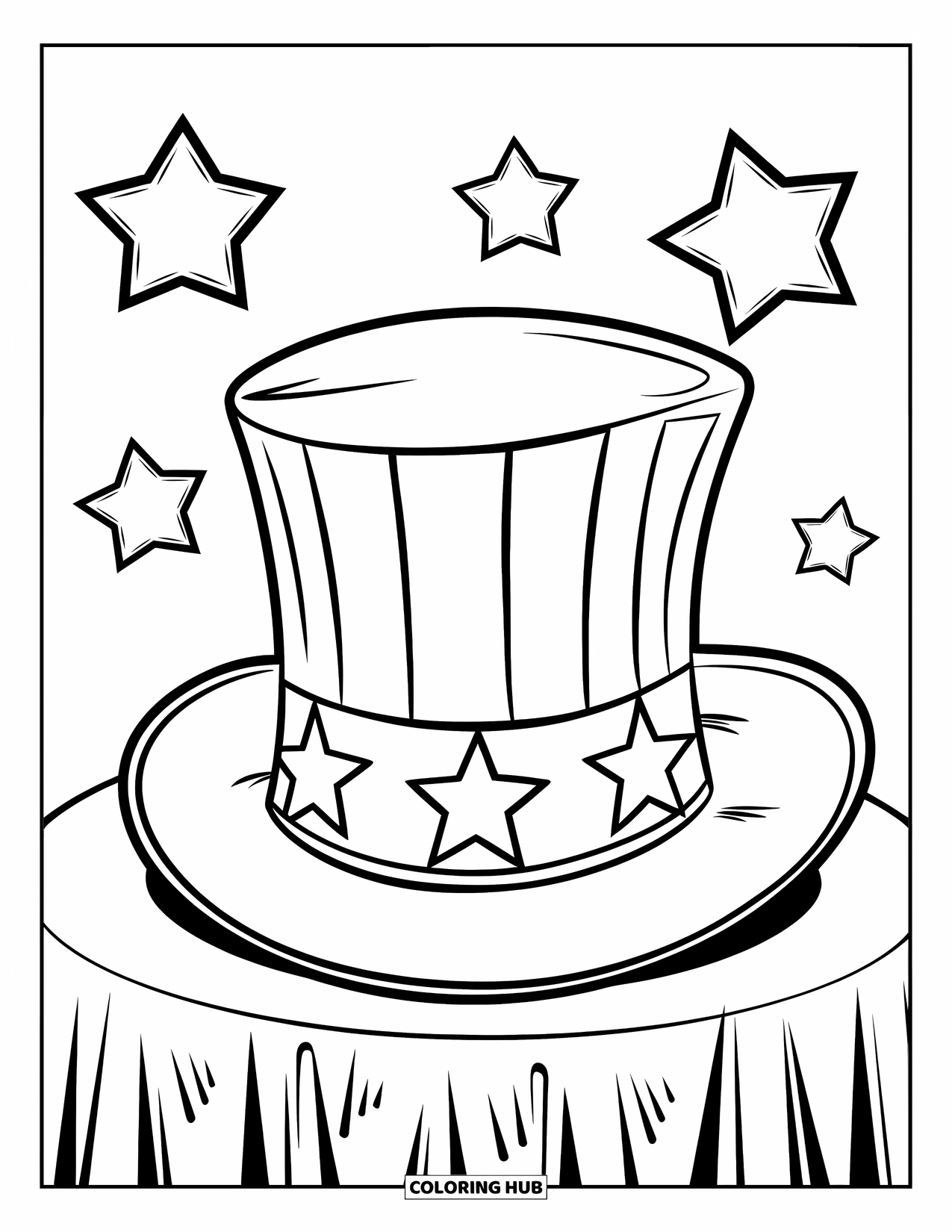 4Th Of July Coloring Page for Kids: A tall Uncle Sam hat sits proudly on a table with stars floating above