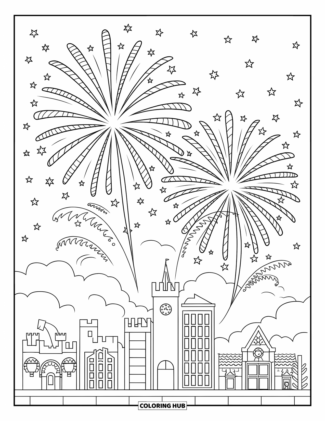 4Th Of July Coloring Page for Kids: Fireworks sparkle over a beautiful skyline filled with unique city buildings