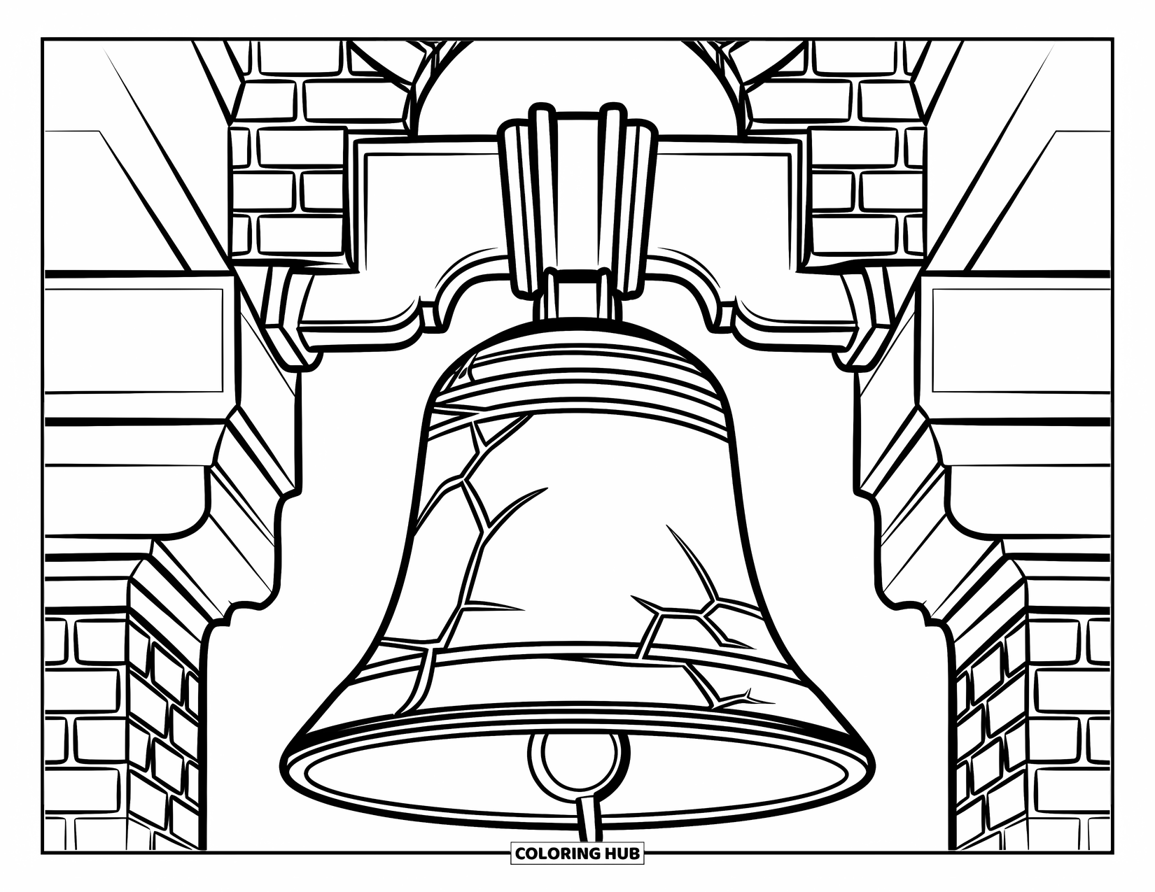 4Th Of July Coloring Page for Kids: The Liberty Bell hangs proudly within a brick and stone archway